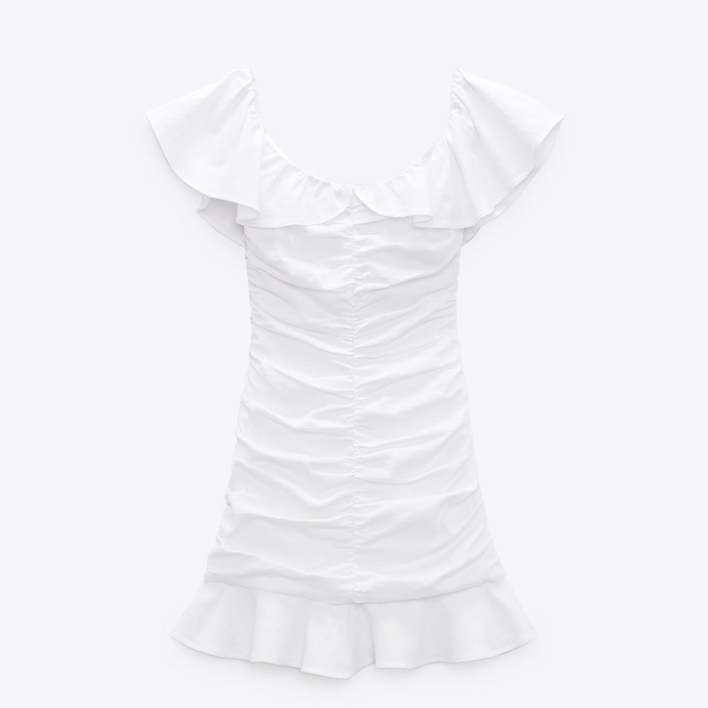 ZARA WHITE LINEN BLEND DRAPED DRESS WITH RUFFLES - Picture 3 of 10